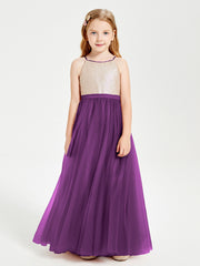 Robe Longue de Demoiselle d'Honneur Junior avec Haut en Paillettes et Jupe en Tulle Raisin
