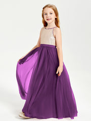 Robe Longue de Demoiselle d'Honneur Junior avec Haut en Paillettes et Jupe en Tulle Raisin