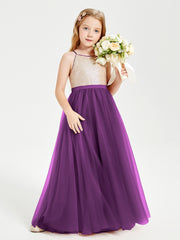Robe Longue de Demoiselle d'Honneur Junior avec Haut en Paillettes et Jupe en Tulle Raisin