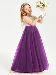 Robe Longue de Demoiselle d'Honneur Junior avec Haut en Paillettes et Jupe en Tulle Raisin