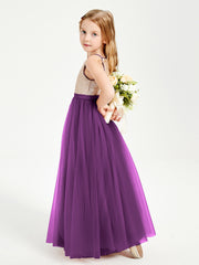 Robe Longue de Demoiselle d'Honneur Junior avec Haut en Paillettes et Jupe en Tulle Raisin