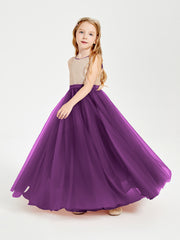 Robe Longue de Demoiselle d'Honneur Junior avec Haut en Paillettes et Jupe en Tulle Raisin