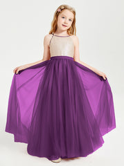 Robe Longue de Demoiselle d'Honneur Junior avec Haut en Paillettes et Jupe en Tulle Raisin