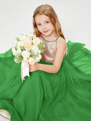 Robe Longue de Demoiselle d'Honneur Junior avec Haut en Paillettes et Jupe en Tulle Vert