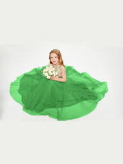Robe Longue de Demoiselle d'Honneur Junior avec Haut en Paillettes et Jupe en Tulle Vert