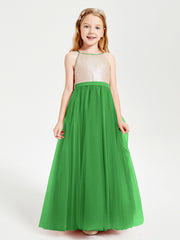 Robe Longue de Demoiselle d'Honneur Junior avec Haut en Paillettes et Jupe en Tulle Vert