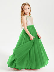 Robe Longue de Demoiselle d'Honneur Junior avec Haut en Paillettes et Jupe en Tulle Vert