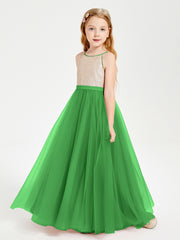 Robe Longue de Demoiselle d'Honneur Junior avec Haut en Paillettes et Jupe en Tulle Vert