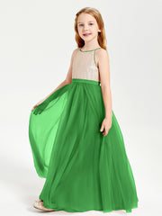 Robe Longue de Demoiselle d'Honneur Junior avec Haut en Paillettes et Jupe en Tulle Vert