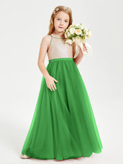Robe Longue de Demoiselle d'Honneur Junior avec Haut en Paillettes et Jupe en Tulle Vert