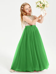 Robe Longue de Demoiselle d'Honneur Junior avec Haut en Paillettes et Jupe en Tulle Vert