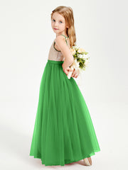 Robe Longue de Demoiselle d'Honneur Junior avec Haut en Paillettes et Jupe en Tulle Vert