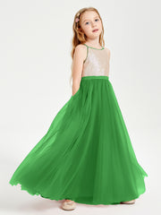 Robe Longue de Demoiselle d'Honneur Junior avec Haut en Paillettes et Jupe en Tulle Vert
