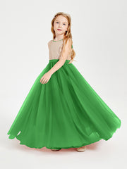 Robe Longue de Demoiselle d'Honneur Junior avec Haut en Paillettes et Jupe en Tulle Vert