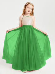 Robe Longue de Demoiselle d'Honneur Junior avec Haut en Paillettes et Jupe en Tulle Vert