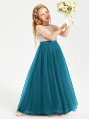 Robe Longue de Demoiselle d'Honneur Junior avec Haut en Paillettes et Jupe en Tulle Bleu Encre