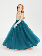 Robe Longue de Demoiselle d'Honneur Junior avec Haut en Paillettes et Jupe en Tulle Bleu Encre