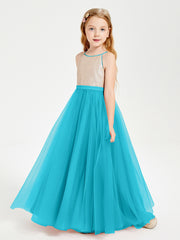 Robe Longue de Demoiselle d'Honneur Junior avec Haut en Paillettes et Jupe en Tulle Jade