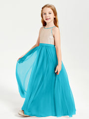 Robe Longue de Demoiselle d'Honneur Junior avec Haut en Paillettes et Jupe en Tulle Jade