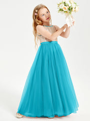 Robe Longue de Demoiselle d'Honneur Junior avec Haut en Paillettes et Jupe en Tulle Jade