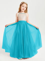 Robe Longue de Demoiselle d'Honneur Junior avec Haut en Paillettes et Jupe en Tulle Jade