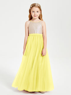 Robe Longue de Demoiselle d'Honneur Junior avec Haut en Paillettes et Jupe en Tulle Citron