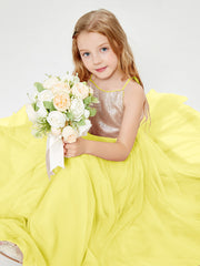 Robe Longue de Demoiselle d'Honneur Junior avec Haut en Paillettes et Jupe en Tulle Citron