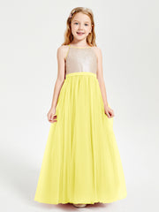 Robe Longue de Demoiselle d'Honneur Junior avec Haut en Paillettes et Jupe en Tulle Citron