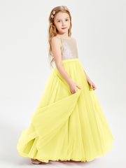 Robe Longue de Demoiselle d'Honneur Junior avec Haut en Paillettes et Jupe en Tulle Citron