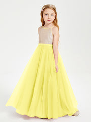 Robe Longue de Demoiselle d'Honneur Junior avec Haut en Paillettes et Jupe en Tulle Citron