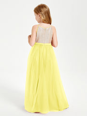 Robe Longue de Demoiselle d'Honneur Junior avec Haut en Paillettes et Jupe en Tulle Citron