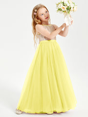 Robe Longue de Demoiselle d'Honneur Junior avec Haut en Paillettes et Jupe en Tulle Citron
