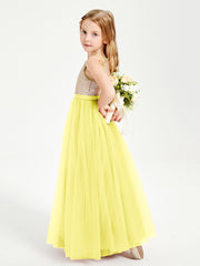 Robe Longue de Demoiselle d'Honneur Junior avec Haut en Paillettes et Jupe en Tulle Citron
