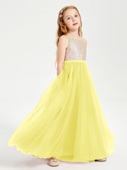 Robe Longue de Demoiselle d'Honneur Junior avec Haut en Paillettes et Jupe en Tulle Citron