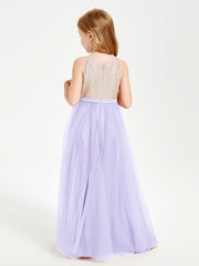 Robe Longue de Demoiselle d'Honneur Junior avec Haut en Paillettes et Jupe en Tulle Lilas