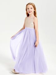 Robe Longue de Demoiselle d'Honneur Junior avec Haut en Paillettes et Jupe en Tulle Lilas