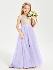 Robe Longue de Demoiselle d'Honneur Junior avec Haut en Paillettes et Jupe en Tulle Lilas