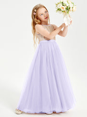 Robe Longue de Demoiselle d'Honneur Junior avec Haut en Paillettes et Jupe en Tulle Lilas
