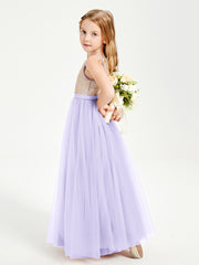 Robe Longue de Demoiselle d'Honneur Junior avec Haut en Paillettes et Jupe en Tulle Lilas