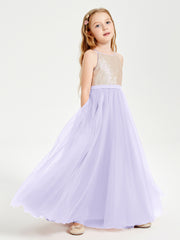 Robe Longue de Demoiselle d'Honneur Junior avec Haut en Paillettes et Jupe en Tulle Lilas