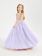 Robe Longue de Demoiselle d'Honneur Junior avec Haut en Paillettes et Jupe en Tulle Lilas