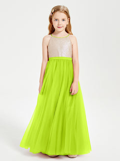 Robe Longue de Demoiselle d'Honneur Junior avec Haut en Paillettes et Jupe en Tulle Vert Citron