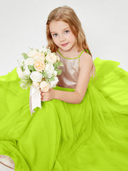 Robe Longue de Demoiselle d'Honneur Junior avec Haut en Paillettes et Jupe en Tulle Vert Citron
