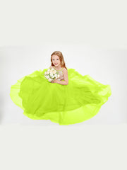 Robe Longue de Demoiselle d'Honneur Junior avec Haut en Paillettes et Jupe en Tulle Vert Citron