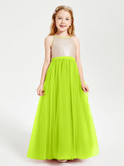 Robe Longue de Demoiselle d'Honneur Junior avec Haut en Paillettes et Jupe en Tulle Vert Citron
