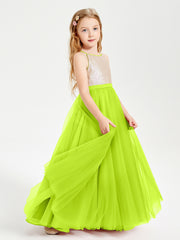 Robe Longue de Demoiselle d'Honneur Junior avec Haut en Paillettes et Jupe en Tulle Vert Citron