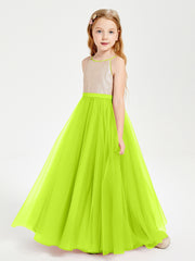 Robe Longue de Demoiselle d'Honneur Junior avec Haut en Paillettes et Jupe en Tulle Vert Citron