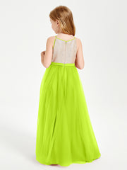 Robe Longue de Demoiselle d'Honneur Junior avec Haut en Paillettes et Jupe en Tulle Vert Citron