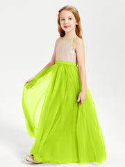 Robe Longue de Demoiselle d'Honneur Junior avec Haut en Paillettes et Jupe en Tulle Vert Citron