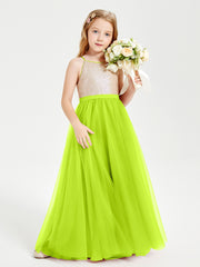 Robe Longue de Demoiselle d'Honneur Junior avec Haut en Paillettes et Jupe en Tulle Vert Citron